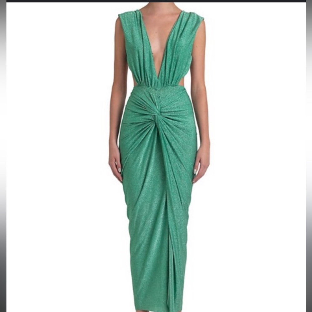 Green Maxi Dress / green sparkley party dress with an open back ( size medium )